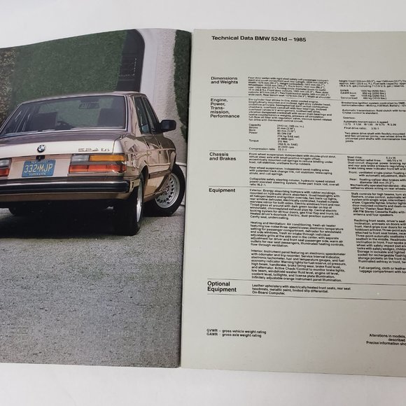 1985 BMW 524TD SPECIFICATIONS DEALERSHIP BOOK - Picture 12 of 14